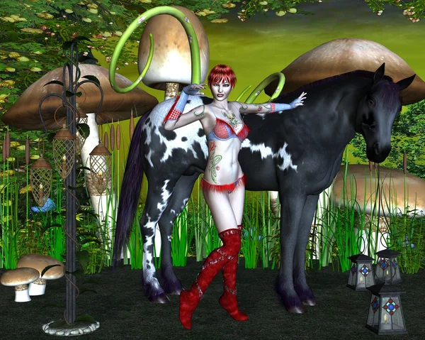 siyah ve beyaz at ile kız