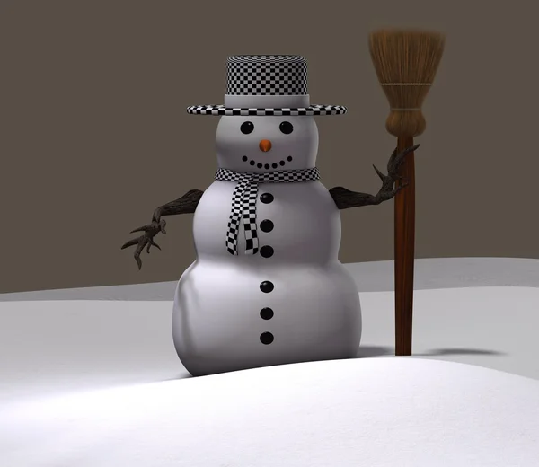 Snowman in the snow with a broom — Stock Photo, Image