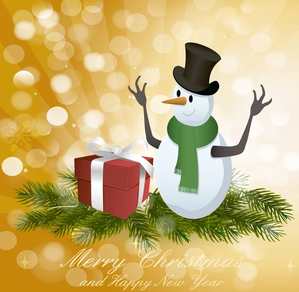 Snowman on fir branches with a gift — Stock Photo, Image