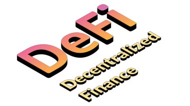 Defi - merkezi olmayan finans, beyaza izole edilmiş izometrik metin. Kamu engelleme zincirlerine dayalı finansal uygulamalar ve hizmetlerin ekosistemi.