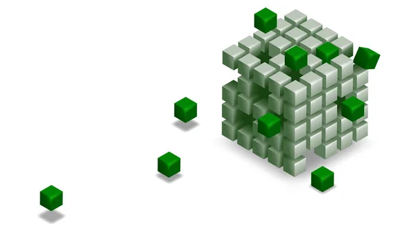 Концепция blockchain defi, куб с выброшенными кусочками символизирующими децентрализацию изолированными на белом. — стоковый вектор