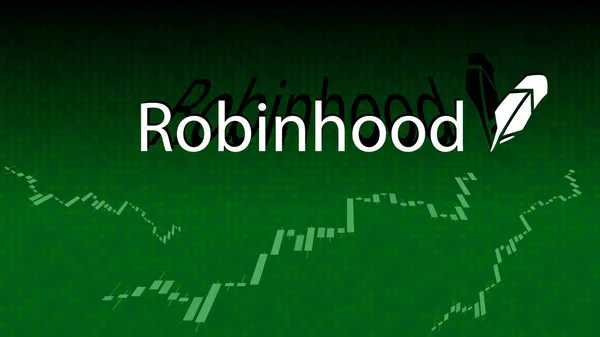 Soyut dijital arka planda Robinhood kripto döviz piyasası adı. Haber ve medya için kripto borsa bayrağı.