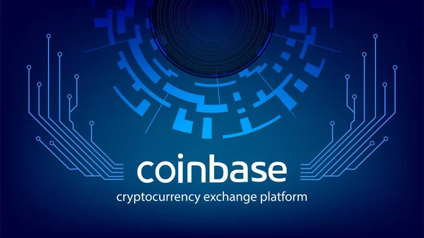 코드 베이스 암호화 (Coinbase cryptocurrency) 는 암청색 배경의 디지털 서클 및 PCB 트랙 과 함께 플랫 폼 이름을 교환한다. 크 립 토 뉴스와 미디어를 위한 시장 현수막. — 스톡 벡터