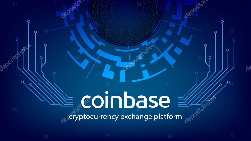 Coinbase cryptocurrency exchange platform name with digital circle and PCB tracks on dark blue background. Crypto stock market banner for news and media. Vector illustration.