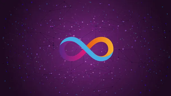 Mor çokgen arka planda sınırlılık İnternet ICP sembol kripto para teması. Kripto para birimi logosu simgesi. Vektör illüstrasyonu.