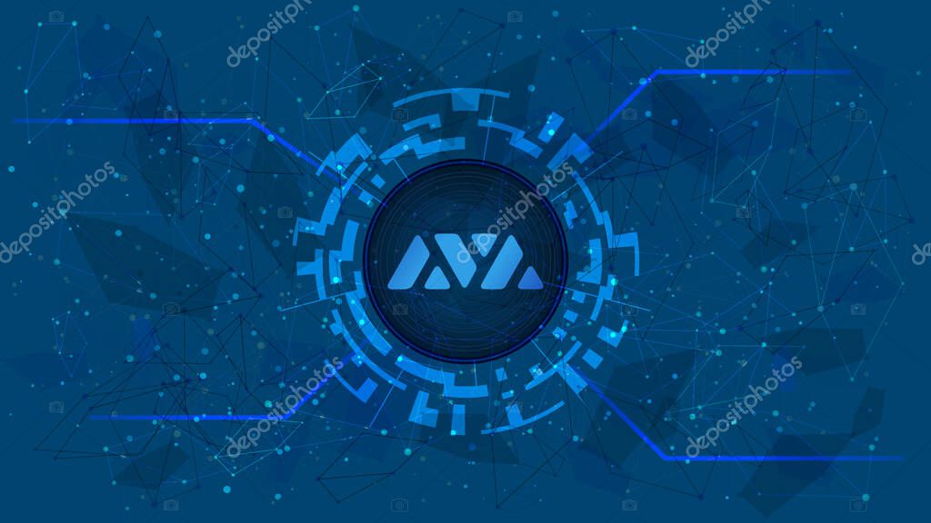 Avalanche AVAX token symbol of the DeFi project in digital circle with cryptocurrency theme on blue background. Cryptocurrency coin icon. Decentralized finance programs. Vector illustration.