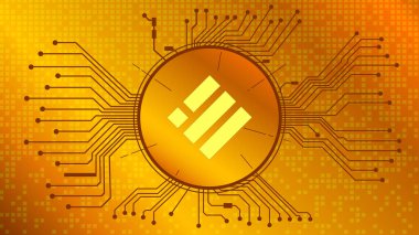 Binance USD BUSD şifreleme sembolü altın zemin üzerinde PCB izleri olan daire şeklinde. Web sitesi veya afiş için tekno-para ikonu. Vektör illüstrasyonu.