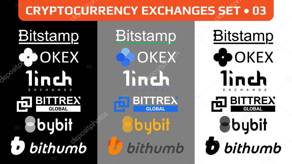 Set of cryptocurrency exchanges logo, digital stock market symbols icons isolated in monochrome and color. Set 03. Vector illustration.