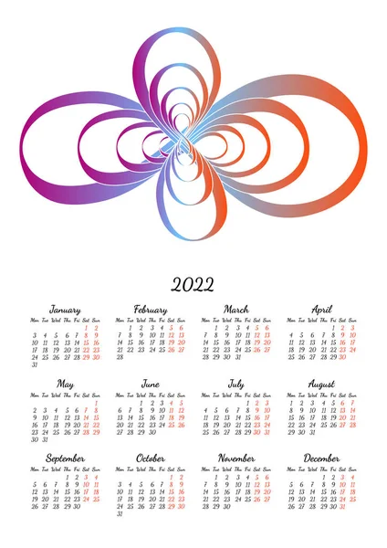 Vertikální Roční Kalendář 2022 Abstraktním Tvarem Nekonečna Týden Začíná Pondělí — Stockový vektor