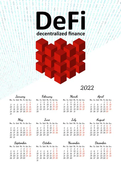 Vertikální Roční Kalendář 2022 Defi Decentralizované Finanční Téma Týden Začíná — Stockový vektor