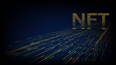 Akan dijital akışın üzerinde duran parçalanmış altın küplerden gelen NTF 'nin karşılanamaz jetonu. Eşsiz koleksiyonlar için oyunlar ya da sanatla ödeme yapın. Renkli başlık ya da afiş. Vektör tasarım ögesi.