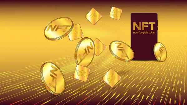 Finansal olmayan NFT jetonuyla dolar kazanma kavramı. Eşsiz altın jetonlar ve Amerikan dolarları cep telefonundan akan dijital akışla uçar. Pankart veya oyun için renkli şablon.