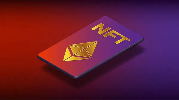 Cep telefonu ve kırmızı üzerinde altın simgelerle izometrik NFT ve Ethereum ETH sembolleri.