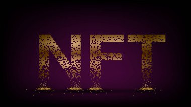 Çökmüş metin NTF, koyu arkaplana düşen altın küplerden karşılanamaz. Sarı bloklardan parçalanmış metin. Web sitesi başlığı ya da afişi. Vektör illüstrasyonu.