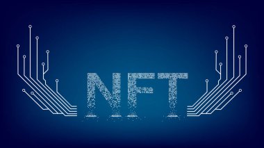 Parçalanmış metin NTF geri ödenemez jetonu PCB parçalarından kanatlar ve mavi arkaplanda kopyalama alanı. Web sitesi başlığı ya da afişi. Vektör illüstrasyonu.