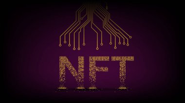 Düşen altın küplerden ve PCB parçalarından dolayı NTF 'nin iadesi mümkün olmayan parçalanmış metni. Sarı bloklardan parçalanmış metin. Web sitesi başlığı ya da afişi. Vektör illüstrasyonu.