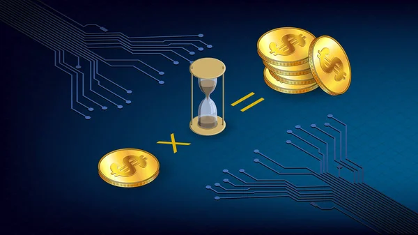 Koyu mavi arka planda altın paralar, kum saati ve PCB izleri olan bozuk para kazanma fikri. Web sitesi başlığı ya da afişi.