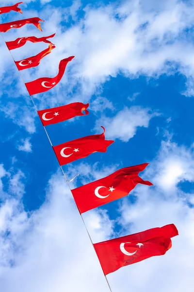 Many Turkish National Flags Rope Background Blue Sky Clouds — Stock Photo, Image