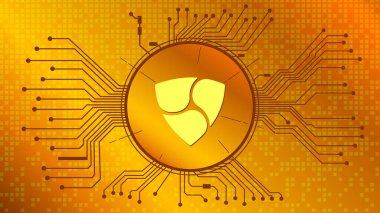 NEM kripto para simgesi, XEM sikke simgesi altın zemin üzerinde pcb ile daire içinde. Web sitesi veya pankart için tekno biçiminde vektör illüstrasyonu.