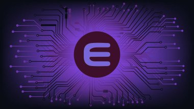 Enjin ENJ kripto para birimi sembolü pcb izli soyut dijital arkaplan üzerinde daire şeklinde. Para birimi simgesi. Vektör illüstrasyonu.