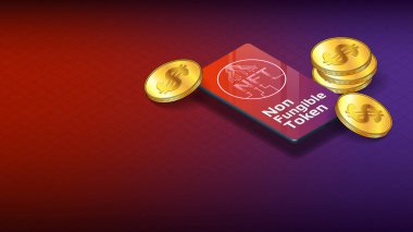 NFT iadeli olmayan izometrik cep telefonu ve kırmızı arka planda fotokopi alanı olan altın paralar. Yeni madeni para sınıfı. Eşsiz koleksiyonlar için oyunlar ya da sanatla ödeme yapın. Sancak veya web sitesi başlığı.