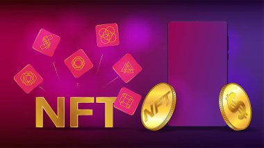 Cep telefonu kullanarak NFT 'nin ödenebilir jetonundan Amerikan doları kazanma kavramı. Fotokopi alanı ile uçan jetonlar ve telefon. Başlık veya afiş için renkli şablon.