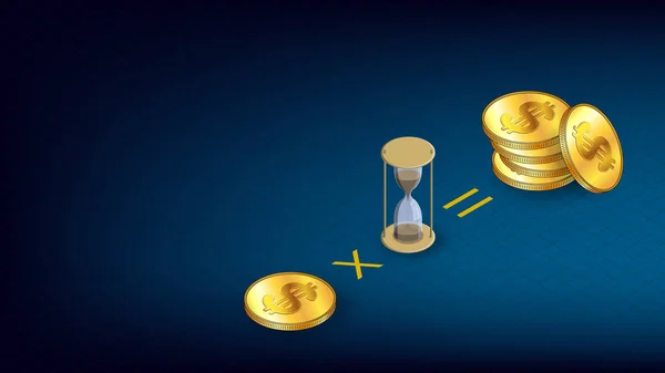 Koyu mavi arka planda fotokopi alanı olan bozuk paralarla para kazanma fikri. Altın paralar, kum saati ile dolar. Kazık çakarken bozuk para ekliyorum. Web sitesi başlığı ya da afişi.