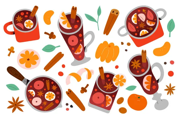 Illustrations de vin chaud, vin rouge aux fruits et aux épices, cannelle, étoile de l'anis aux baies et aux pommes, boisson traditionnelle à base d'alcool glintwine festif dans un verre, une tasse et un pot. Art dessiné à la main doodle coloré — Image vectorielle
