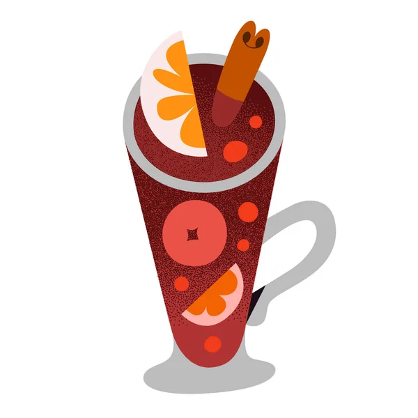Glintwine in glass, mulled wine with spice, cinnamon stick, apple, orange fruit and berries, hand drawn doodle illustration, vector icon isolated on white background — Stock Vector