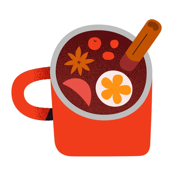 Glühwein in mok versierd met kaneelstokje, anijsster en sinaasappelschijfje, feestelijke alcoholdrank, hete rode wijn met appel en specerijen, met de hand getekende illustratie — Stockvector
