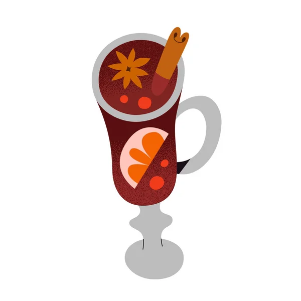 Glögg vin, varm kryddat vin dryck serveras till jul, dekorerad med äpple, apelsin frukt, kanel pinne och anis stjärna, doodle illustration isolerad — Stock vektor