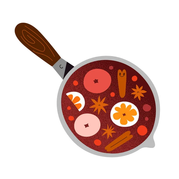 Mulled wine in cooking pan witn seasoning ingredients, cinnamon spice, clove and orange fruit, hot red wine drink for christmas, hand drawn doodle illustration — Stock Vector