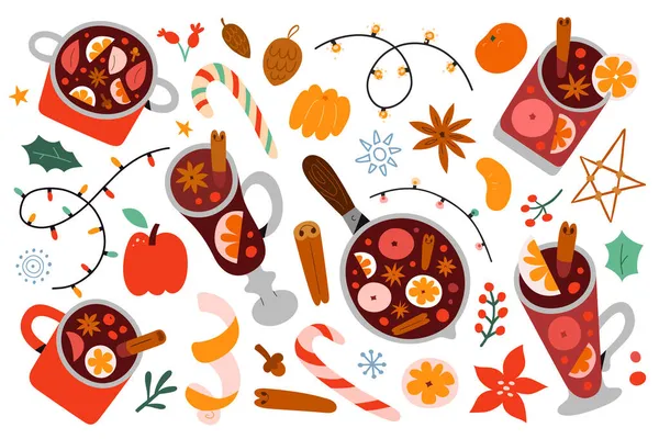 Bożonarodzeniowy grzany napój winny, szpagat w szklankach, kubkach, garnku, czerwone wino z przyprawą, jabłko, owoce pomarańczowe, ilustracje wektorowe narysowane ręcznie, poncz owocowy — Wektor stockowy