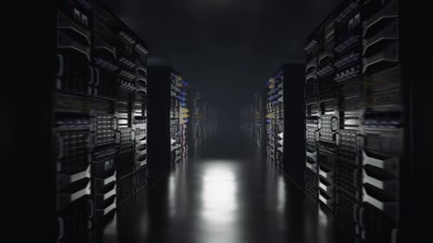 Flythrough Datacenter Isolated View Animated Cloud Covered Plexus Effect Symbolizing — Vídeo de stock