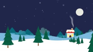 Kar Taneleriyle Kış Manzarası. Mutlu Noeller, Xmas tebrik kartı animasyonu. 4K video pürüzsüz.