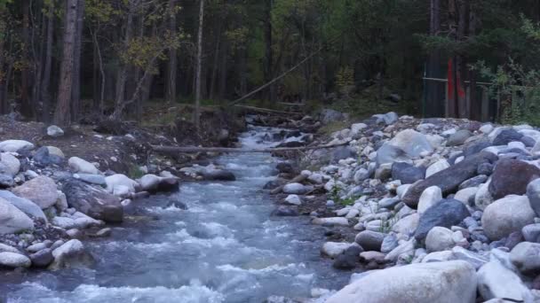 Río Montaña Que Fluye Entre Orillas Rocosas Terskol Rusia — Vídeo de stock