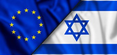 İsrail ve AB bayrağı sallıyor. İki bayraklı kumaş kumaş dokusu..