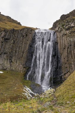 Ormandaki dağ şelalesi. Şelale manzaralı. Dağlarda şelale. Şelale.