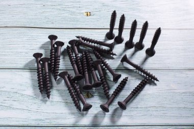 Mavi tahta arka planda siyah alçıpan vidası veya yonga vidası