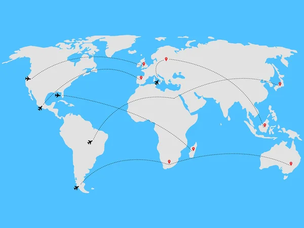 World Map Flight Routes Arrival Point — Archivo Imágenes Vectoriales