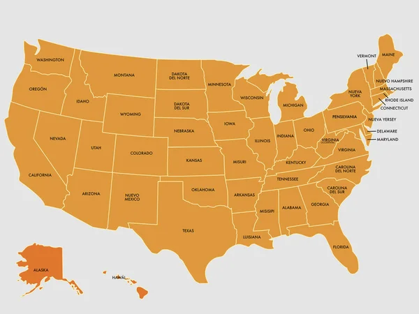 Single color United States map with names on a gray  background