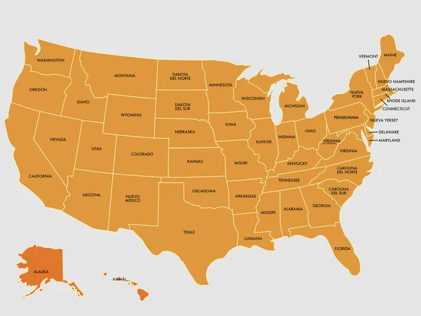 Jednoduchá Barva Mapa Spojených Států Názvy Šedém Pozadí — Stockový vektor