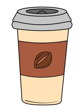 Kahve için karton bardak, kahve çekirdekli, beyaz arka planda.