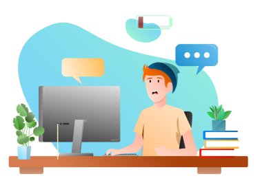 Young white man who is working or studying on the computer and who is overwhelmed and with low battery