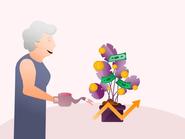 Mulher Que Está Molhando Uma Planta Conceito Fazer Rendimento Dinheiro —  Vetores de Stock