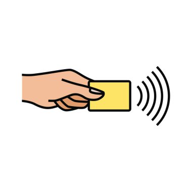 Banka kartı ikonunun ödemesi. Açık tenli birinin elinde banka kartı var. Temassız ödeme, kredi kartı. NFC kablosuz teknolojisinin vektör simgesi ve irtibatsız PayPass. Beyaz arkaplanda izole edilmiş vektör illüstrasyonu.