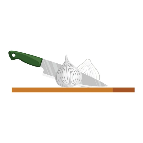 Ένα Κουζινομάχαιρο Πράσινη Πλαστική Λαβή Κόβει Ένα Λευκό Κρεμμύδι Στη — Διανυσματικό Αρχείο
