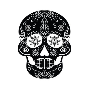 Şeker kafatası silueti. Ölüler Günü 'nü ve Cadılar Bayramı' nı kutluyoruz. Tasarım ve web için beyaz bir arkaplanda izole edilmiş vektör illüstrasyonu.