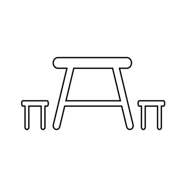 İkon sandalyeli bir yemek masası. Açık bir kafe ikonu ya da kamp alanında yemek yenecek bir yer. Tasarım ve web için beyaz bir arkaplanda izole edilmiş vektör illüstrasyonu.
