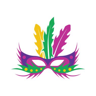Tüylü bir karnaval maskesi. Mardi Gras karnavalının stil ve renklerinde maskeli balo. Tasarım ve web için beyaz bir arkaplanda izole edilmiş vektör illüstrasyonu.